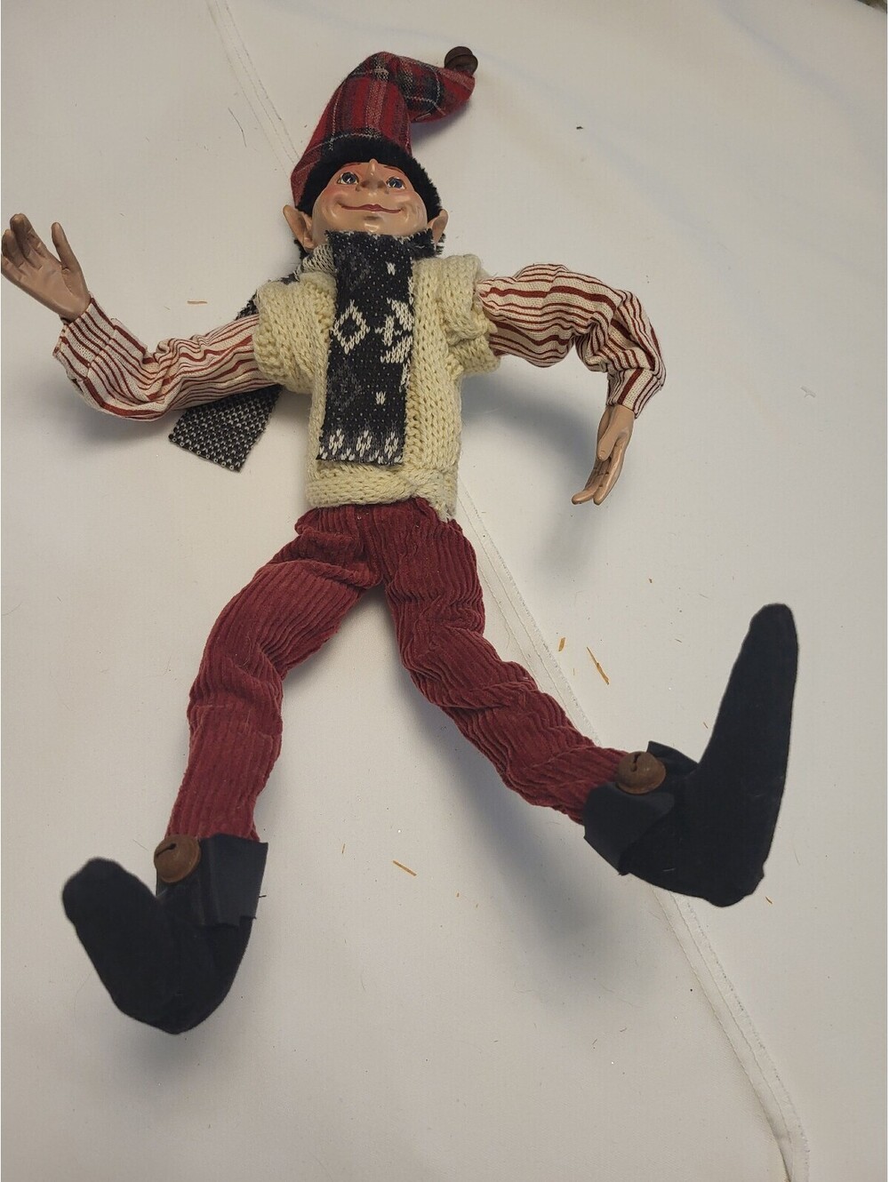 Vintage Handmade Elf Doll with Knit Sweater and Plaid Hat 18x9.5